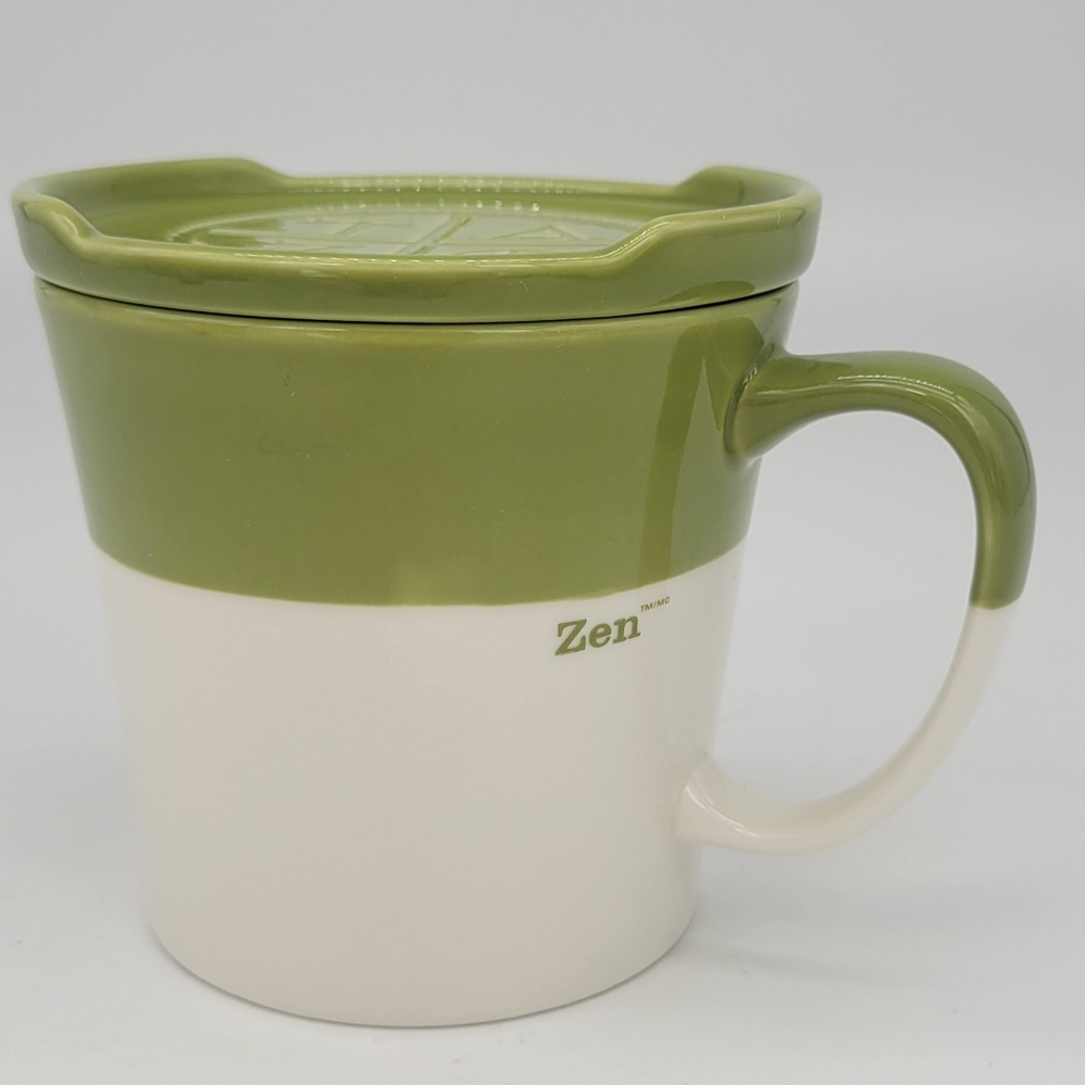 Starbucks Tazo Zen Bone China Green White Tea Cup Coffee Mug  Coaster Lid 2010